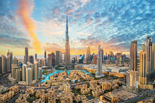Dubai skyline at night with Burj Khalifa illuminated